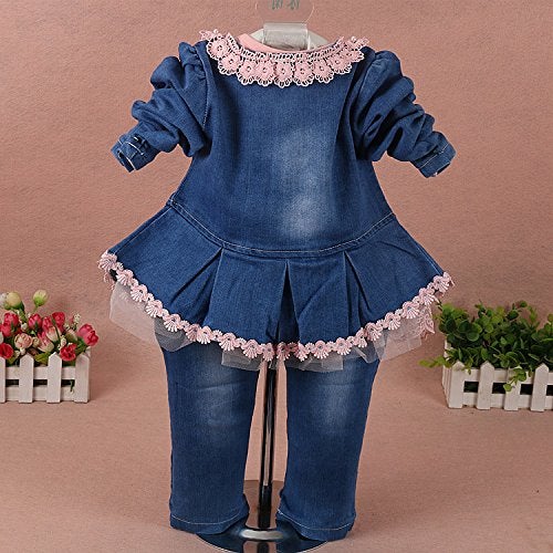 Yao 6M-4Y Infant 3Pcs Baby Girls Clothes Set Toddler Outfits Lace Dress Jacket and Jeans (4-5Y,Flower-Pink) - Image 2